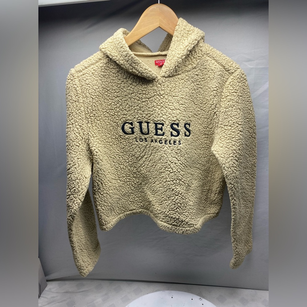 Guess Sherpa Hoodie Cropped Cream Fur Lined Pullover Womens Size XS Y2K